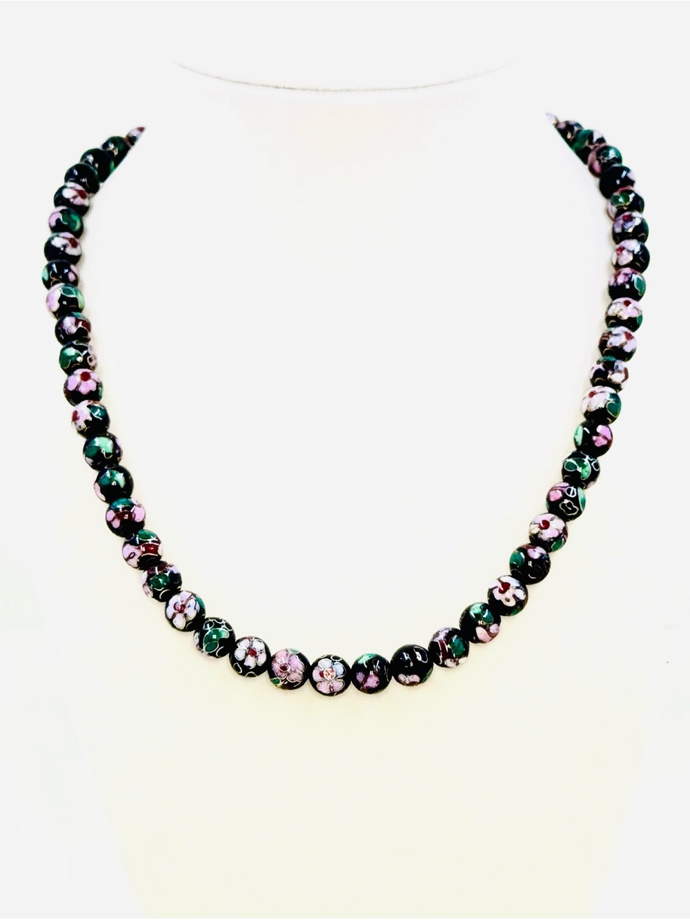 Vintage Cloisonné Black & Pink Floral Beaded Necklace 18” 8mm